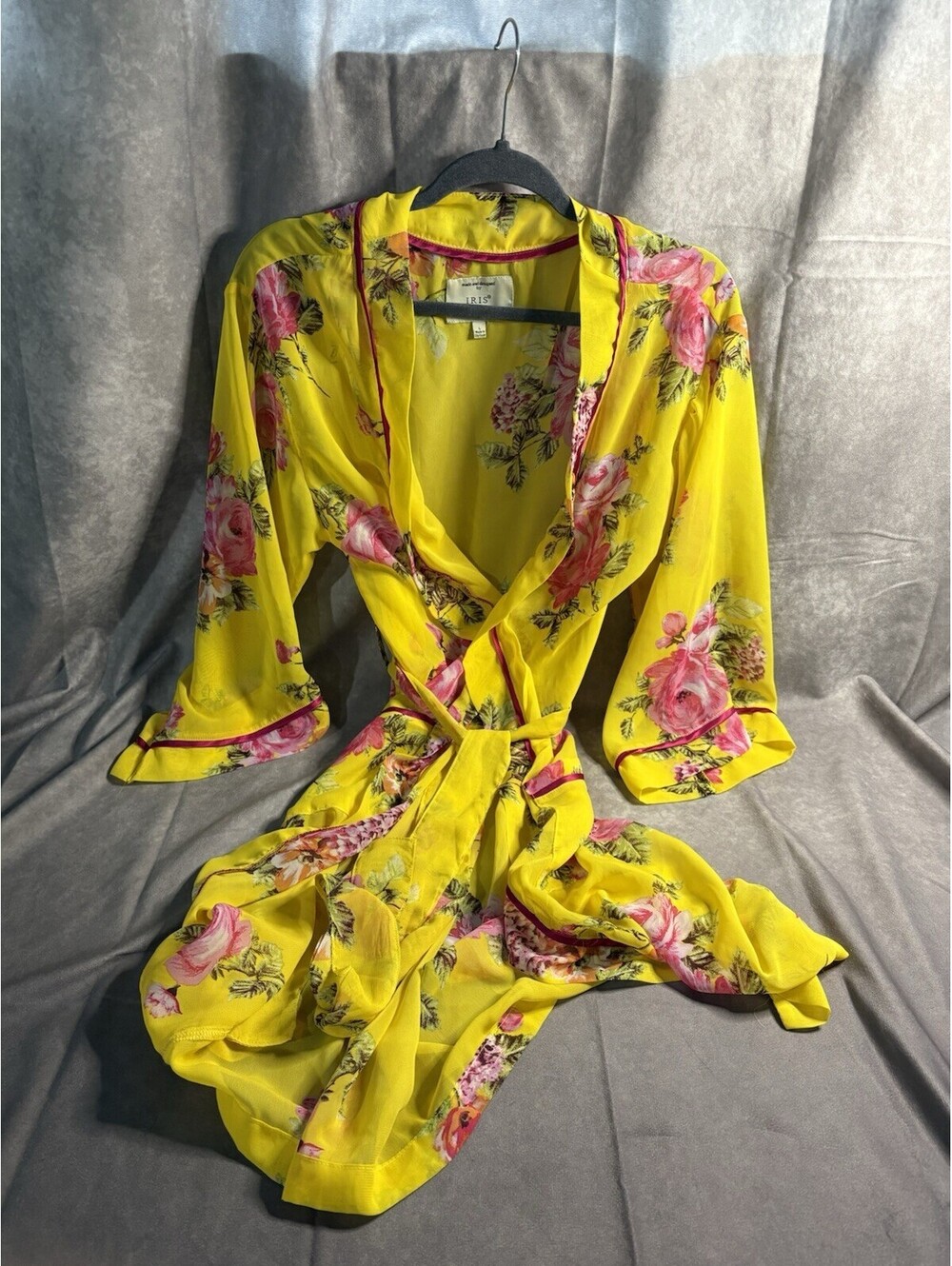 Iris Los Angeles Floral Kimono Robe Yellow Chiffon Wrap Belted Cover Up Size L